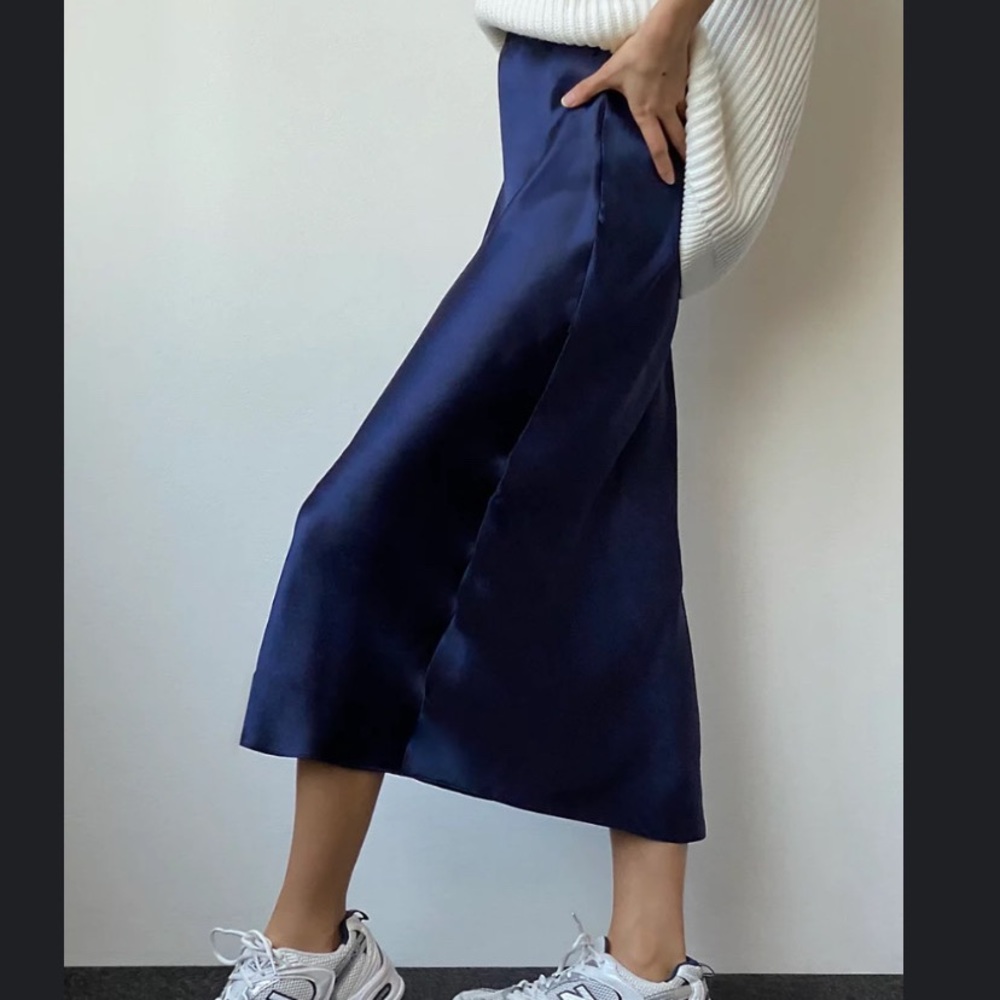 Babaton Navy Satin Midi Skirt